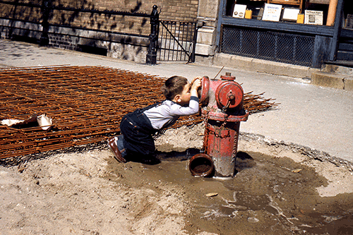 Boy drinking from fire hydrant